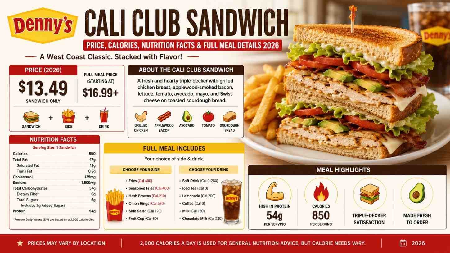Denny's Cali Club Sandwich – Price, Calories, Nutrition Facts & Full Meal Details 2026