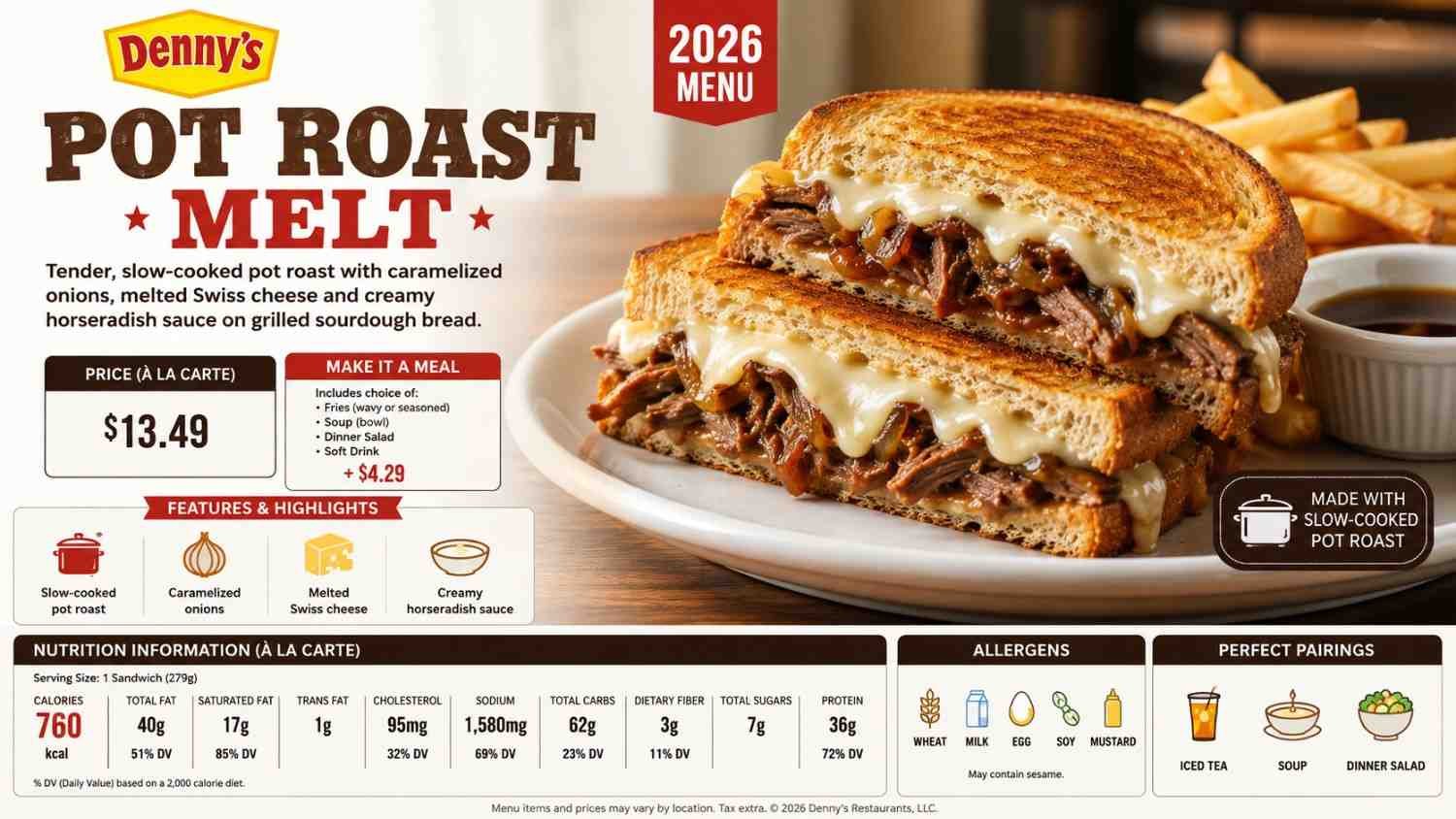Denny’s Pot Roast Melt – Price, Calories, Nutrition & Full Meal Details (2026)