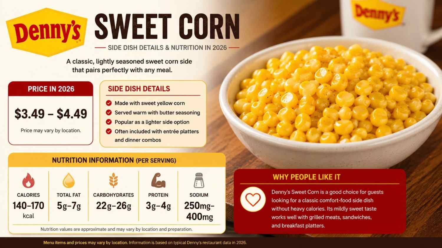 Denny’s Sweet Corn – Price, Calories, Nutrition & Side Dish Details in 2026