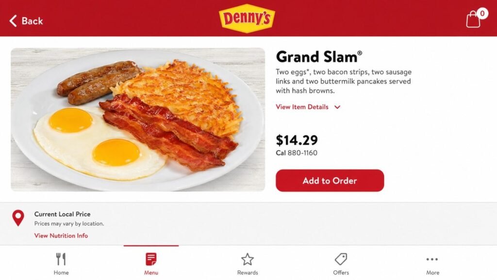 Screenshot of Denny's app showing current local price