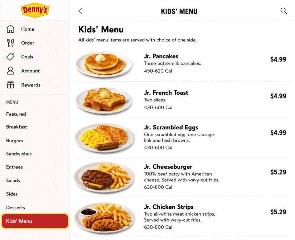 Screenshot of the kids' menu price listing from the Denny's app