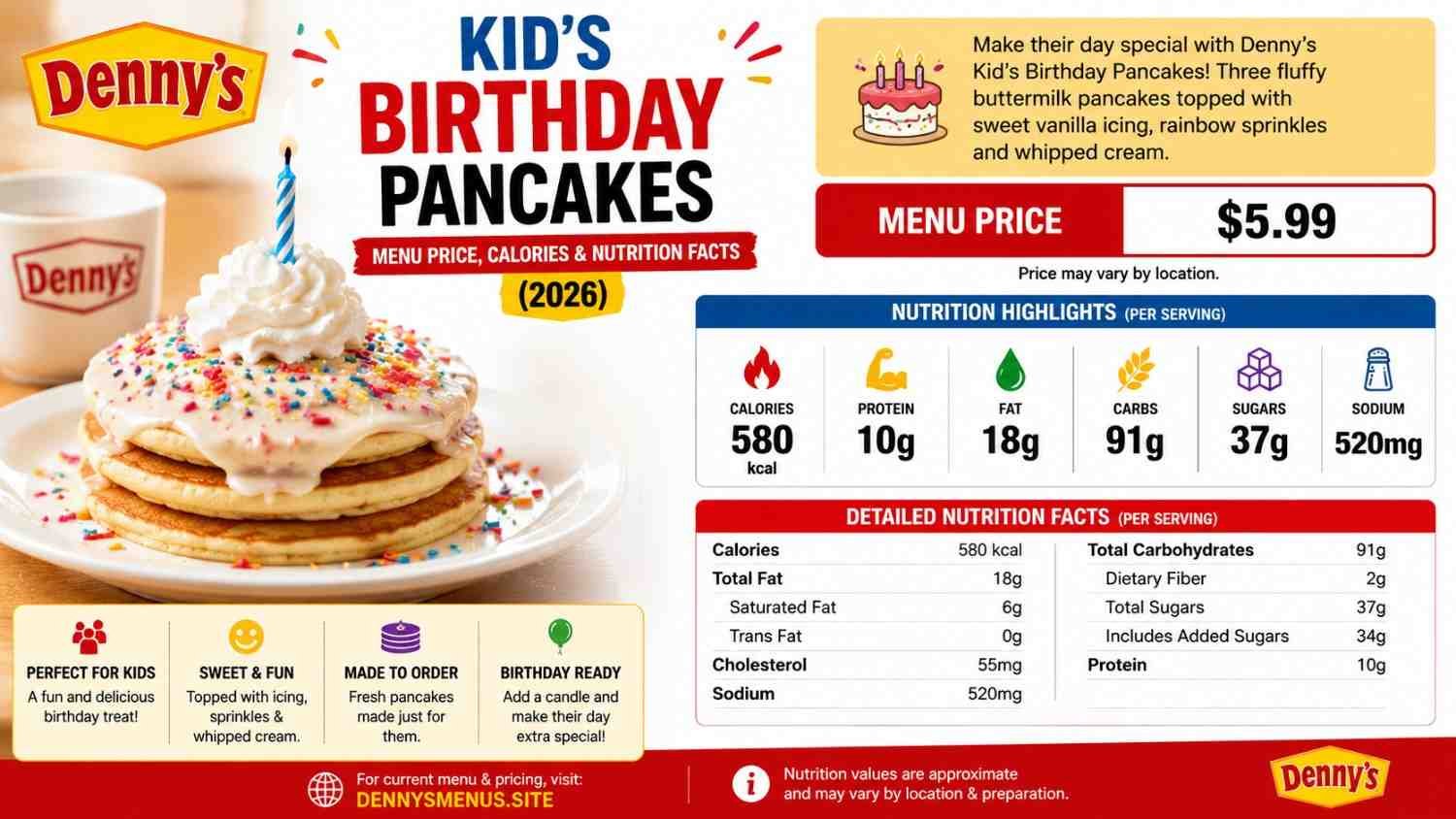 Denny's Kid's Birthday Pancakes Menu Price, Calories & Nutrition Facts 2026