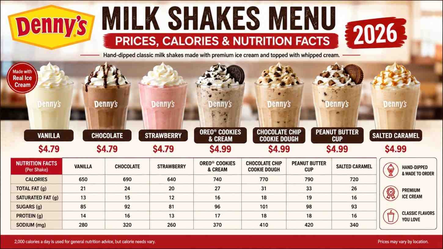 Denny's Milk Shakes Menu Prices, Calories & Nutrition Facts (2026)