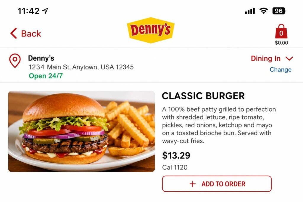 Screenshot of the Denny's app showing current price at a local location